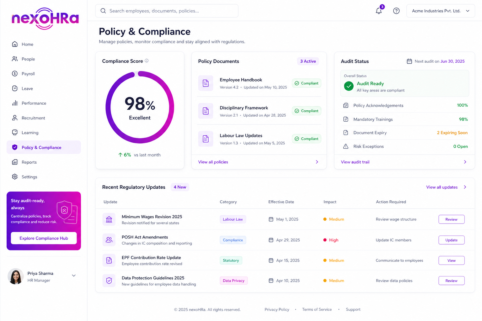 nexoHRa policy and compliance dashboard with compliance score and policy document checklist